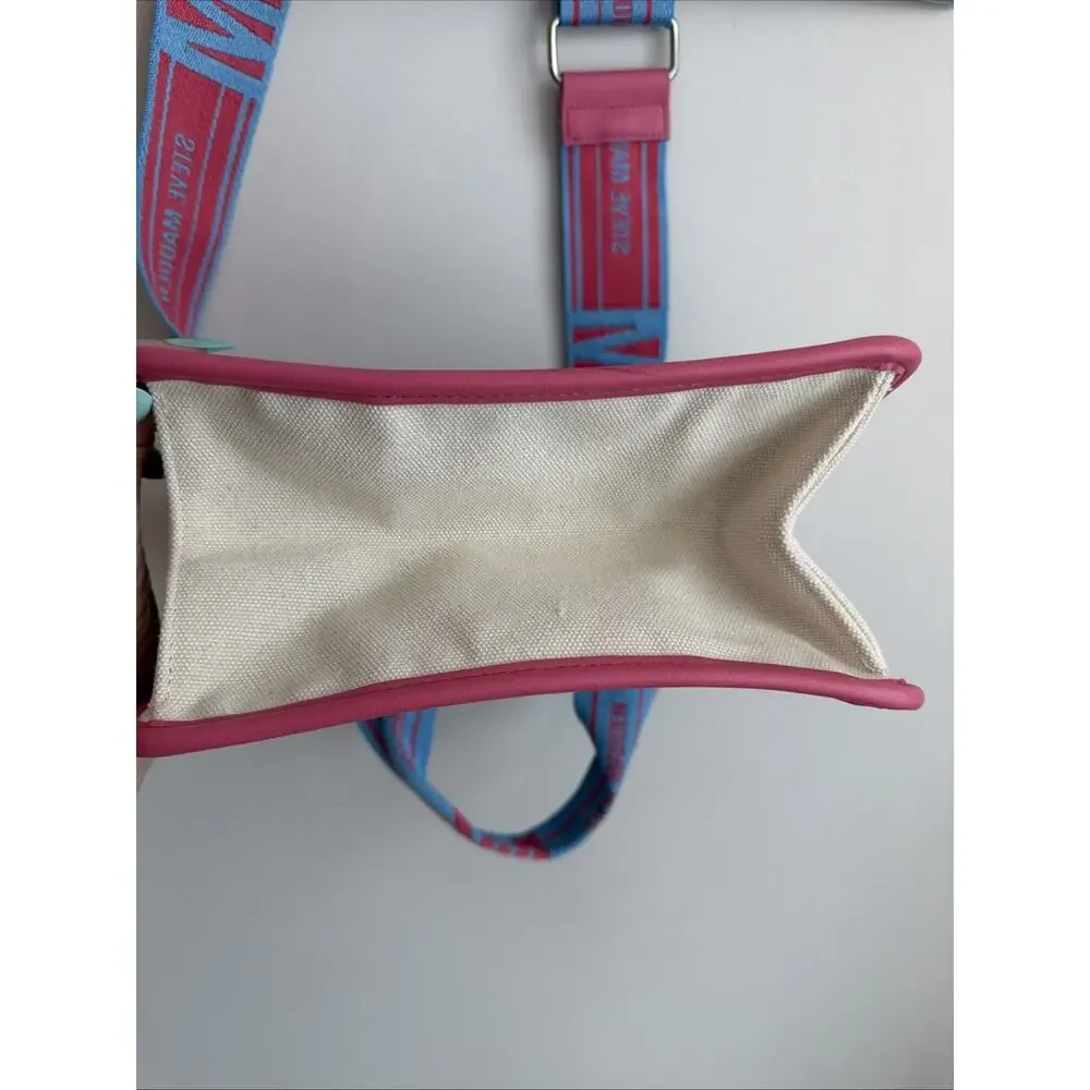 Steve Madden Cream Pink Blue Tik Tok Canvas Tote Bag Crossbody Purse BWEBBER